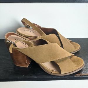 Torrid Cognac Criss Cross Open Toe Sandal Heels